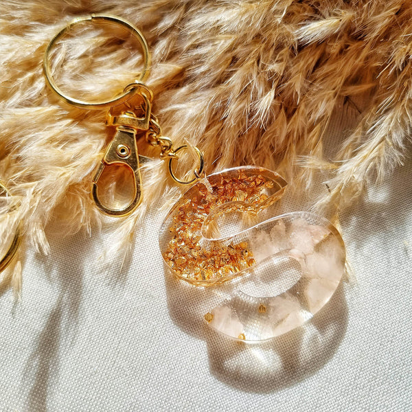 Glitter Initial Resin Keychain White and Gold - Main Image