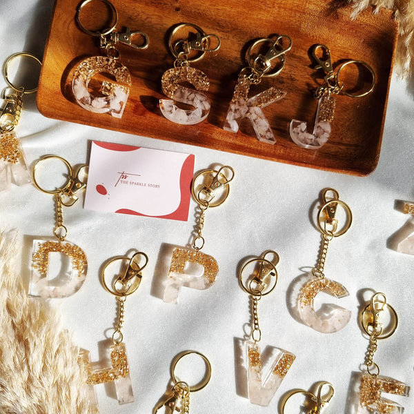 Glitter Initial Resin Keychain White and Gold