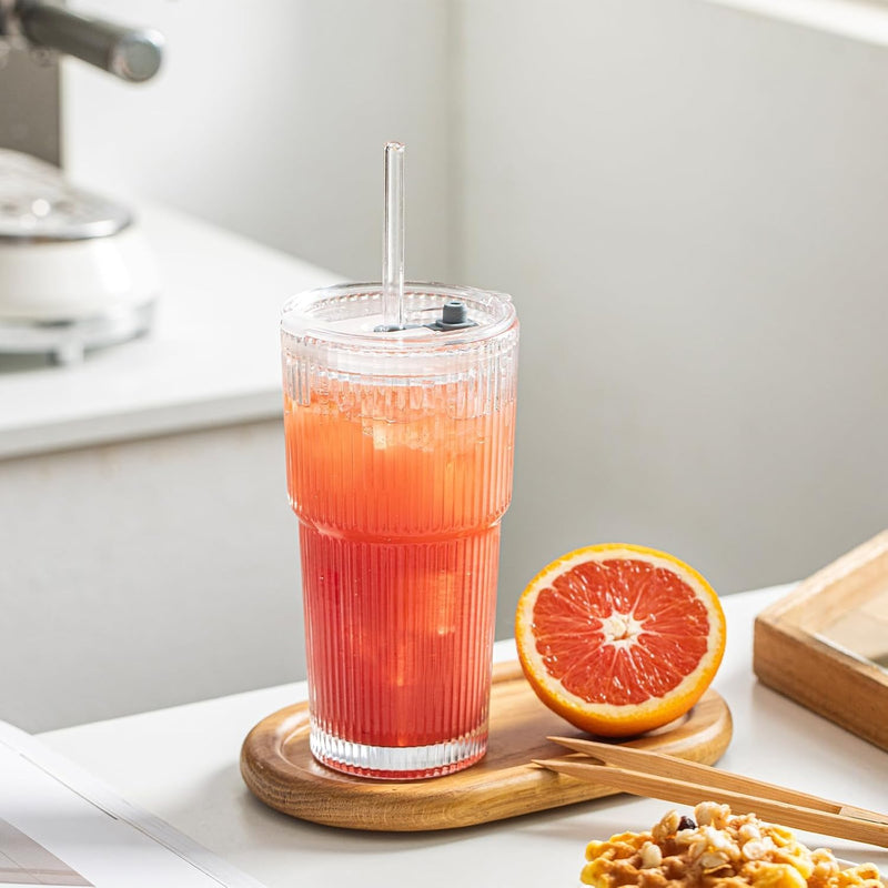 Ribbed Glass Tumbler with Straw - COD Not Applicable