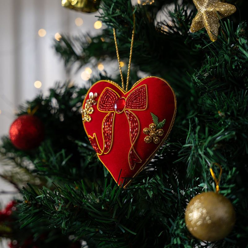 Embroidered Christmas Ornament - Heart with Red Bow
