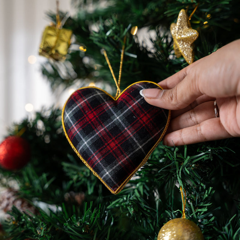 Embroidered Christmas Ornament - Heart with Golden Bow