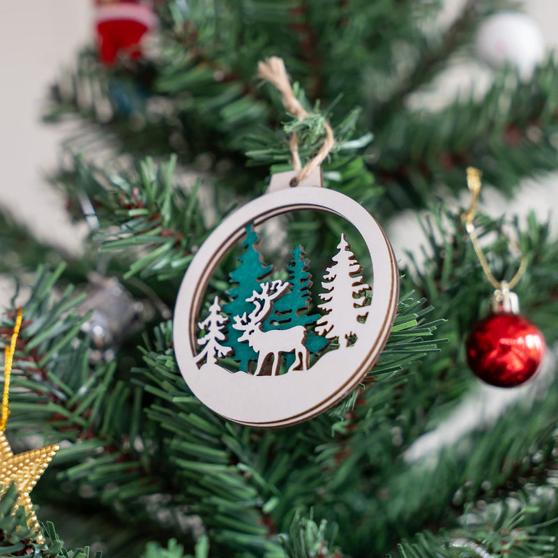Wooden Ornament - Reindeer - Green - Set of 2
