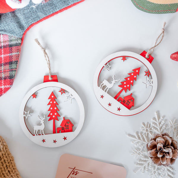 Wooden Ornament - Reindeer - Red - Set of 2