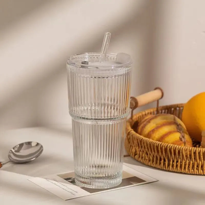 Ribbed Glass Tumbler with Straw - COD Not Applicable