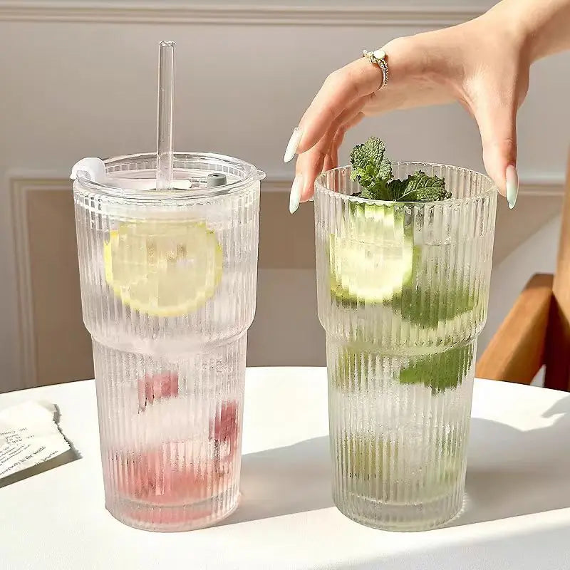 Ribbed Glass Tumbler with Straw - COD Not Applicable