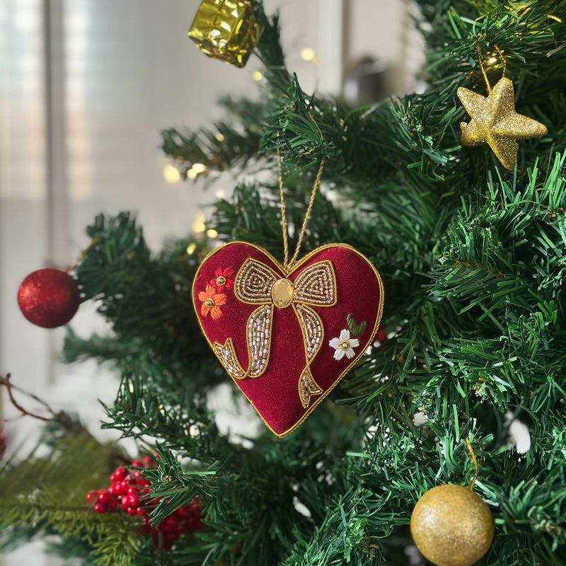 Embroidered Christmas Ornament - Heart with Golden Bow
