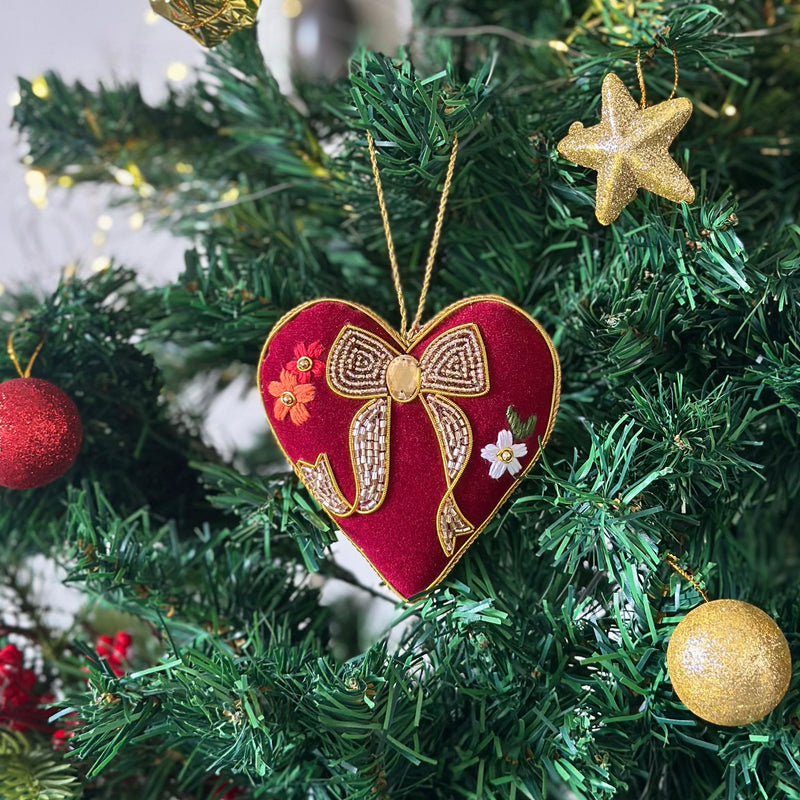 Embroidered Christmas Ornament - Heart with Golden Bow