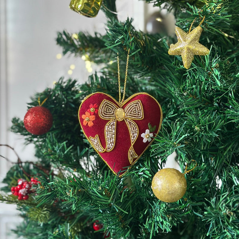 Embroidered Christmas Ornament - Heart with Golden Bow