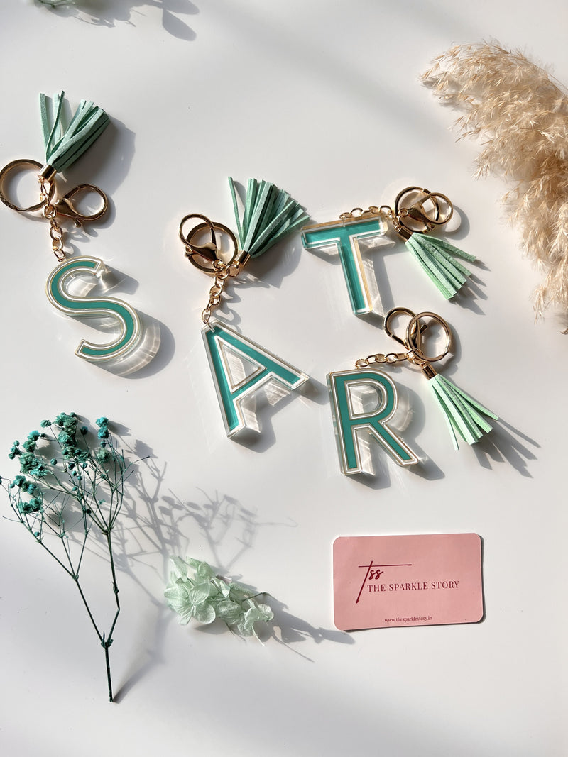 Initial Resin Keychain with Tassel - Turquoise - COD Not Applicable