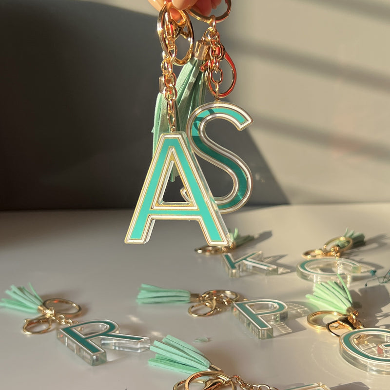 Initial Resin Keychain with Tassel - Turquoise - COD Not Applicable