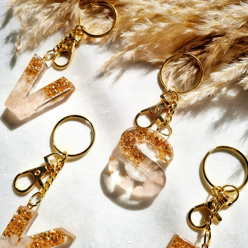 Glitter Initial Resin Keychain - White and Gold