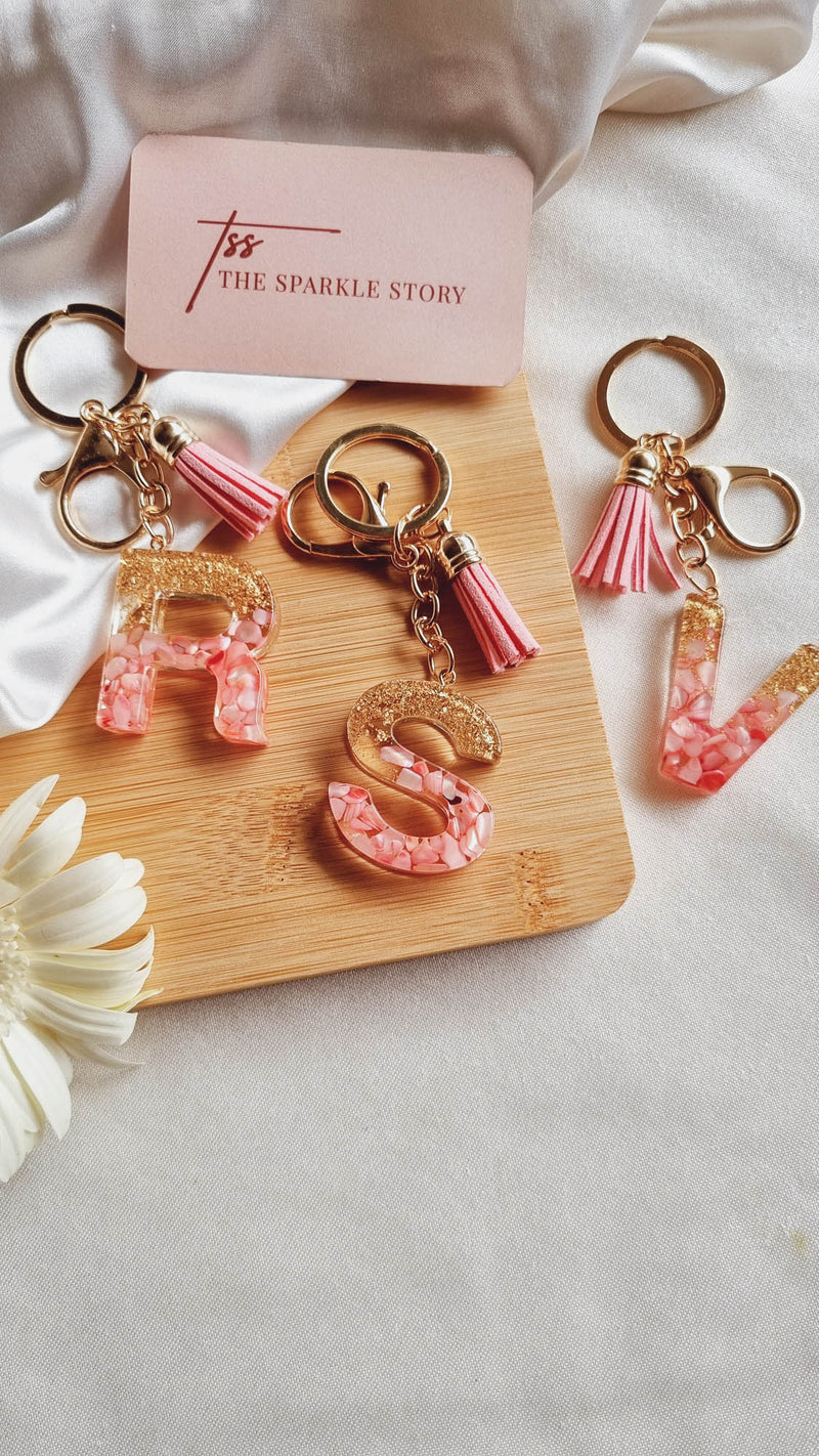 Glitter Initial Resin Keychain with Tassel - Pink and Gold