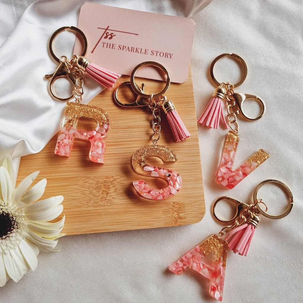 Glitter Initial Resin Keychain with Tassel Pink and Gold