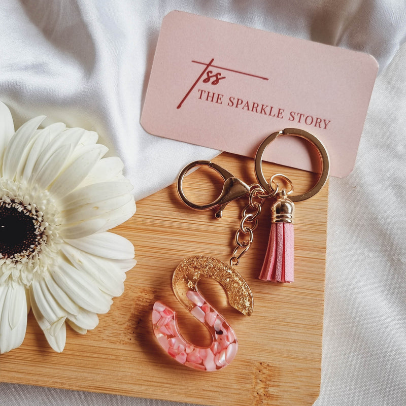 Glitter Initial Resin Keychain with Tassel - Pink and Gold