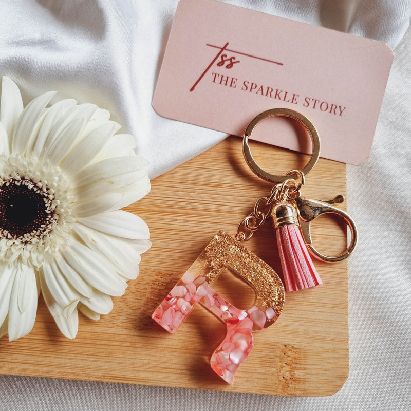 Glitter Initial Resin Keychain with Tassel - Pink and Gold