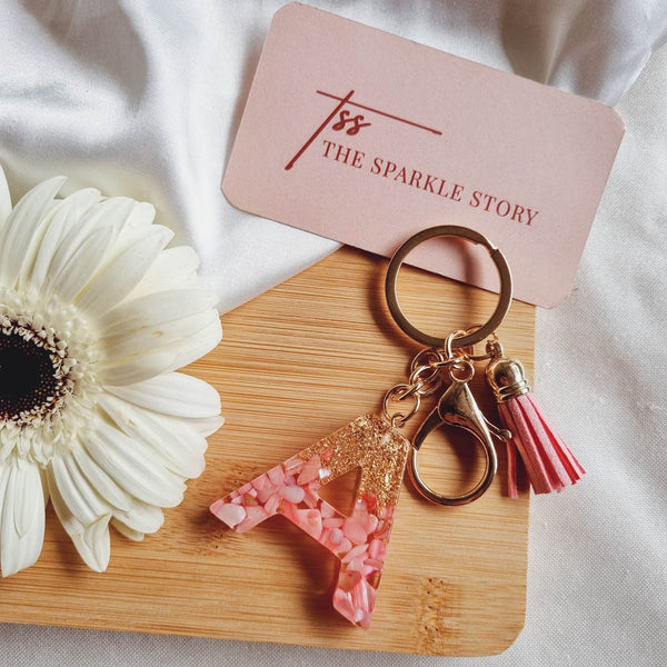 Glitter Initial Resin Keychain with Tassel - Pink and Gold
