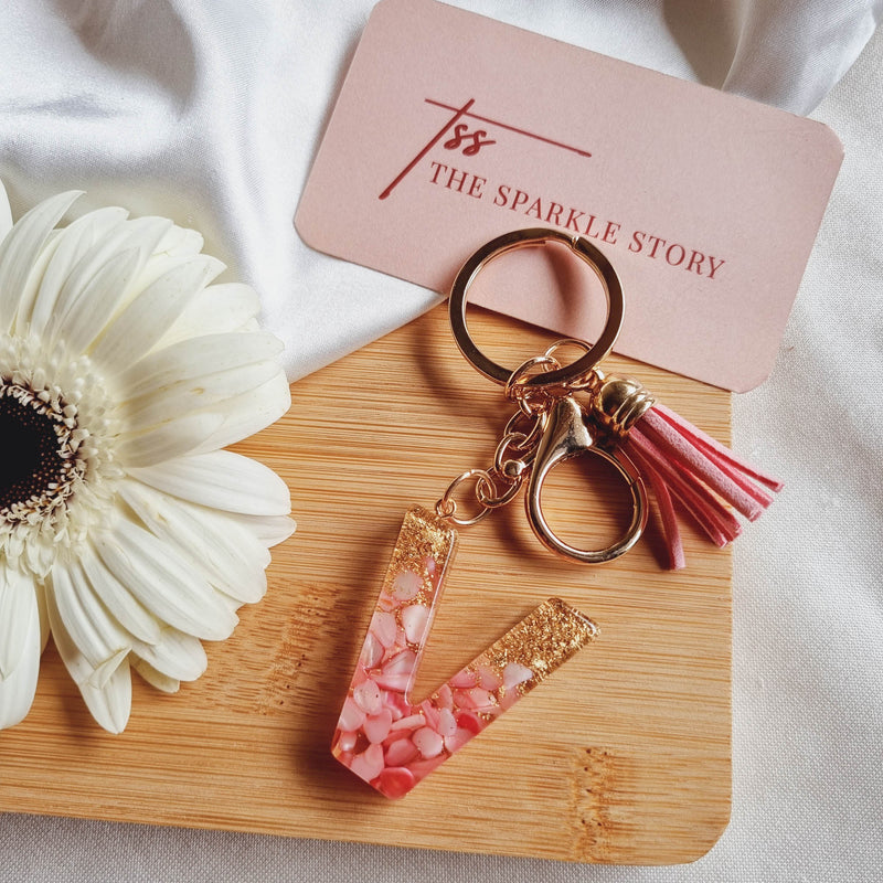 Glitter Initial Resin Keychain with Tassel - Pink and Gold