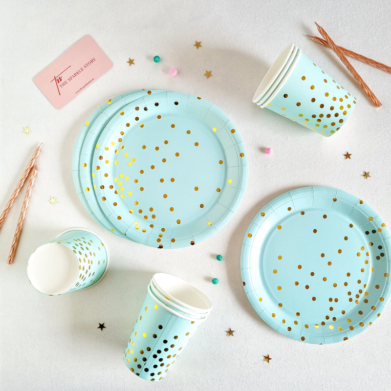 Party Plate & Cup Set With Gold Polka Dots - Set Of 20