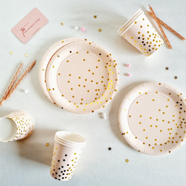 Party Plate & Cup Set With Gold Polka Dots - Set Of 20