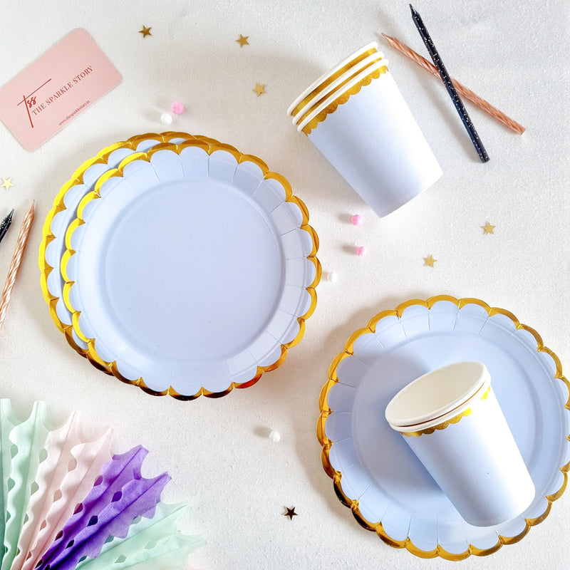 Pastel Party Plate & Cup Set With Gold Scalloped Edge - Set Of 20