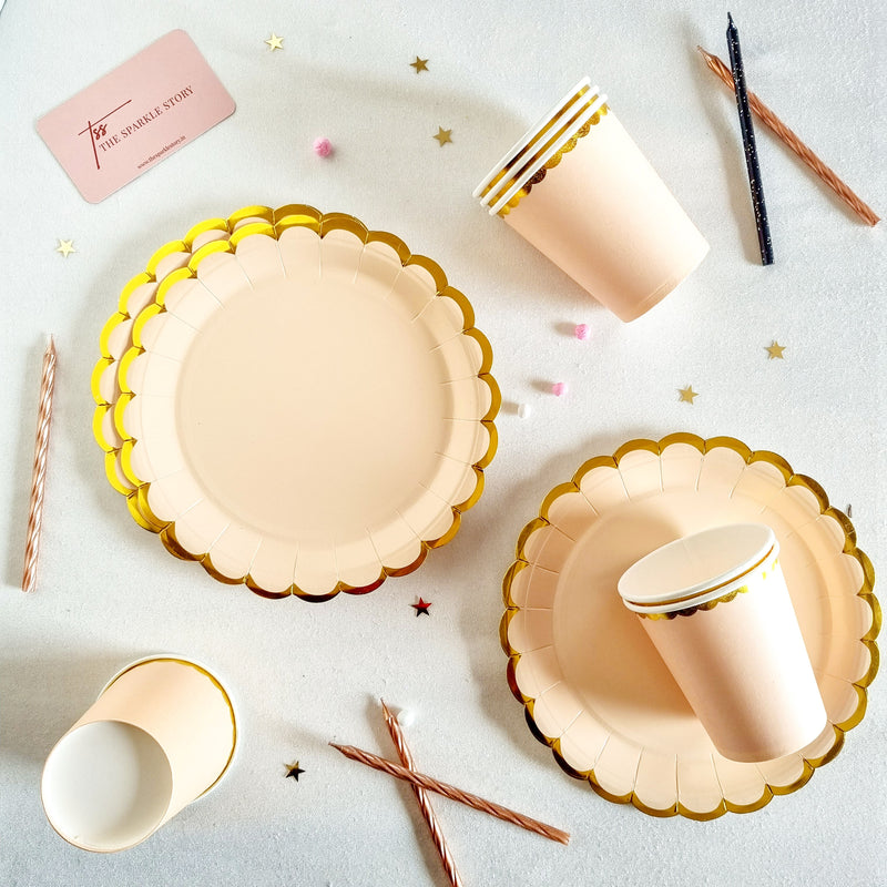 Pastel Party Plate & Cup Set With Gold Scalloped Edge - Set Of 20