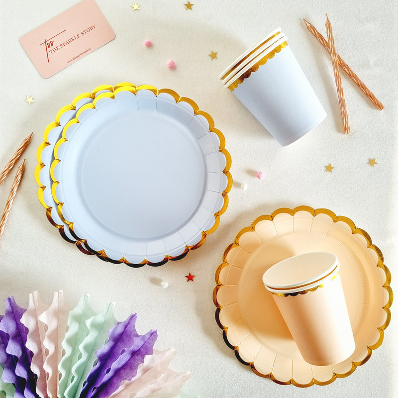 Pastel Party Plate & Cup Set With Gold Scalloped Edge - Set Of 20