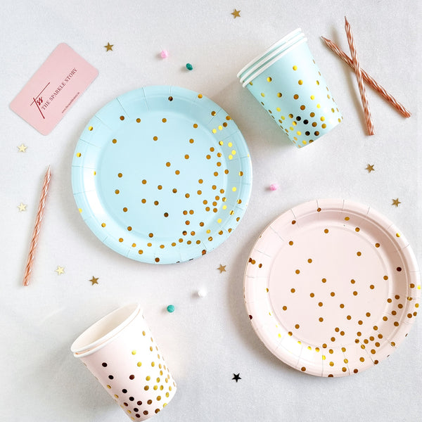 Party Plate & Cup Set With Gold Polka Dots - Set Of 20