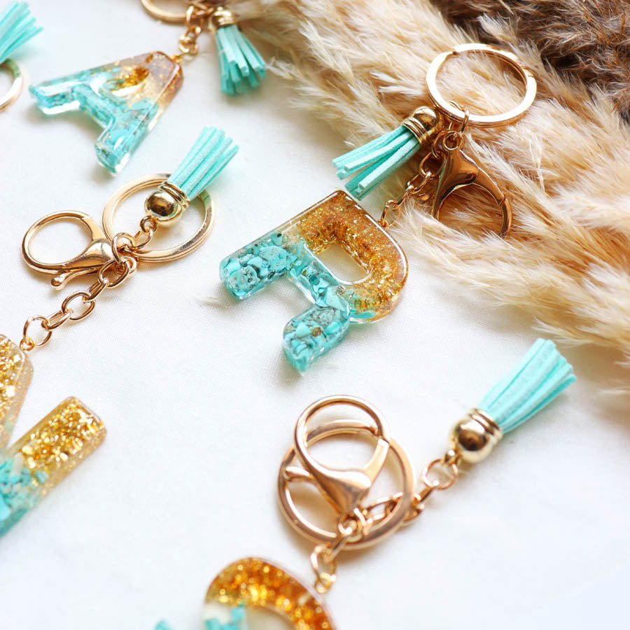 Glitter Initial Resin Keychain with Tassel Turquoise and Gold