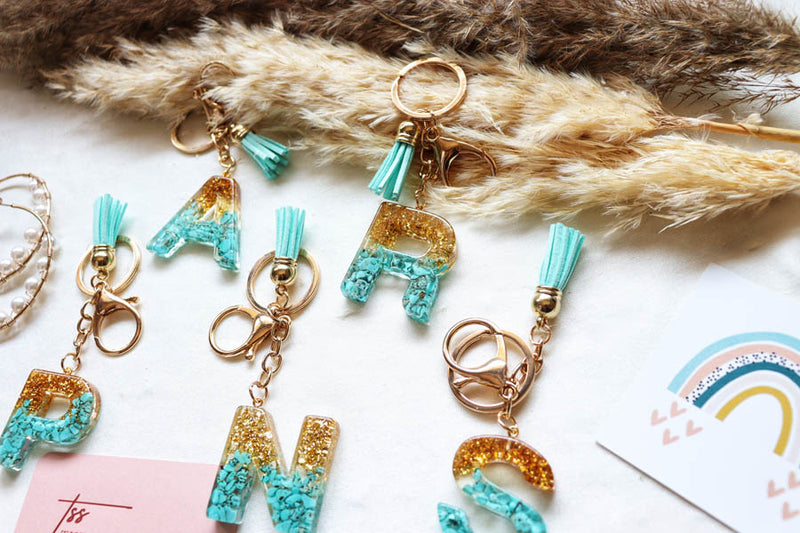 Glitter Initial Resin Keychain with Tassel - Turquoise and Gold