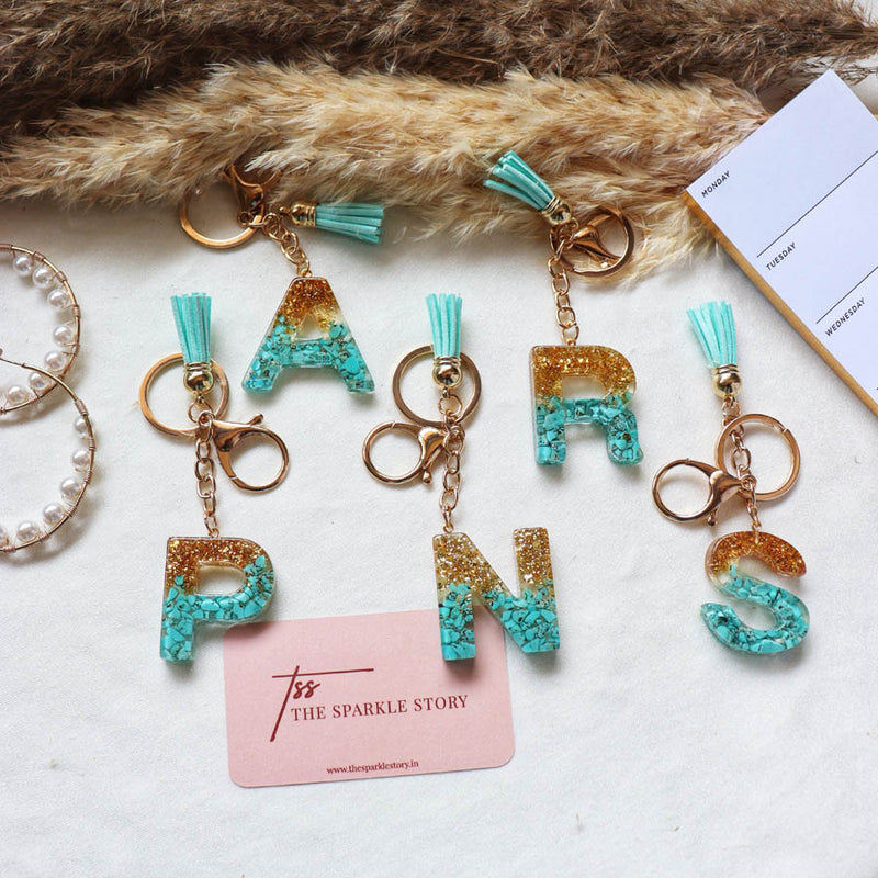 Glitter Initial Resin Keychain with Tassel - Turquoise and Gold