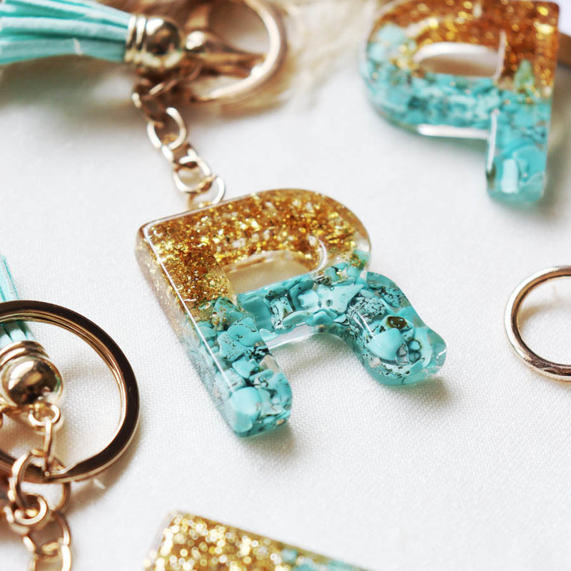 Glitter Initial Resin Keychain with Tassel - Turquoise and Gold