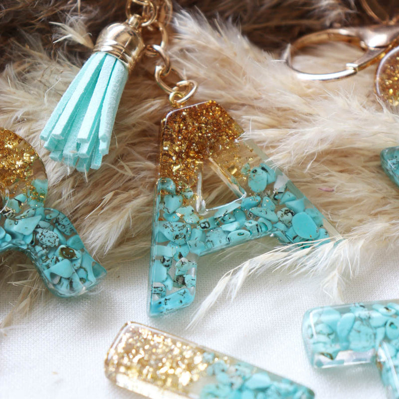 Glitter Initial Resin Keychain with Tassel Turquoise and Gold